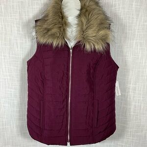 Chico's Puffer Vest Size 2 Large Burgundy with Detachable Faux Fur Collar